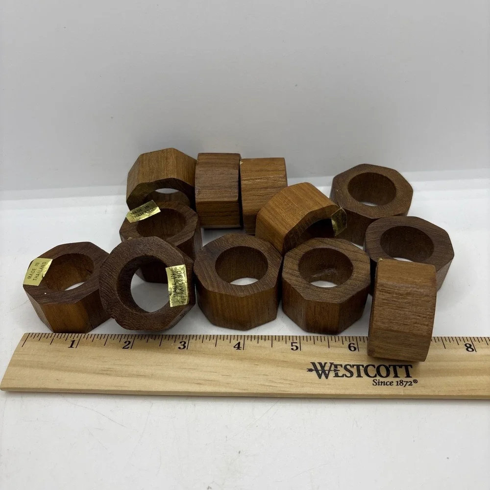 Hand Crafted Teak‎ Wood Round Napkin Rings Made in Thailand Set of 12